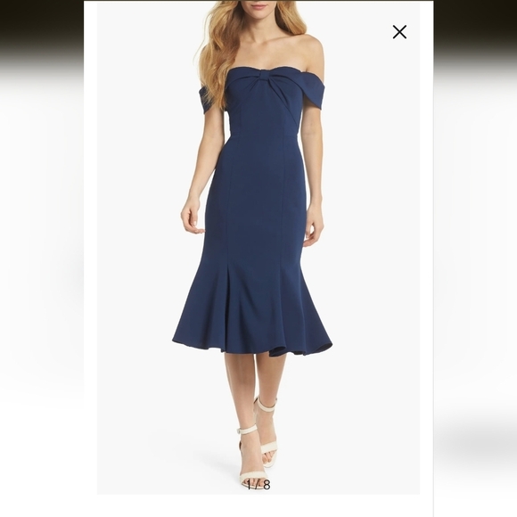 Gal Meets Glam Tyler Scuba Navy Blue Dress Off Shoulder Mermaid 4 - Picture 5 of 7